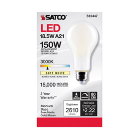 Satco S12447 18.5w A21 LED Frosted Medium Base 3000K 120v