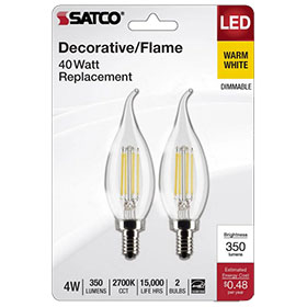 Satco S21840 4w Turn Tip LED Clear Candelabra Base 2700K 120v 350 Lumens 2pk
