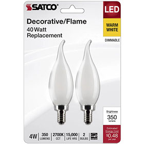 Satco S21843 4w Turn Tip LED Frosted Candelabra Base 2700K 120v 350 Lumens 2pk