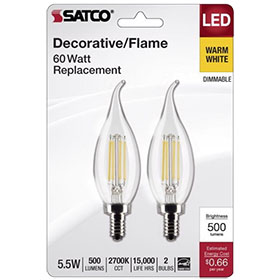 Satco S21846 5.5w Turn Tip LED Clear Candelabra Base 2700K 120v 500 Lumens 2pk