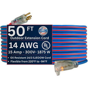 U.S. WIRE 98050 14/3 SJEOW 50' EXTREME ALL WEATHER BLUE/RED EXTENSION CORD