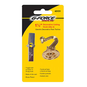 G-FORCE 43131 1-1/2" DIE CAST BRASS PLATED DECORATIVE CEILING HOOK CARDED
