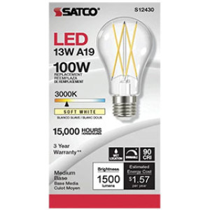 SATCO S12430 12.5W A19 LED CLEAR MEDIUM BASE 3000K 90 CRI 120V