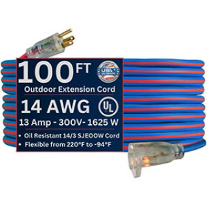 U.S. WIRE 98100 14/3 SJEOW 100' EXTREME ALL WEATHER BLUE/RED EXTENSION CORD