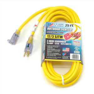 U.S. WIRE 74025 12/3 SJT W-A UL 25' YELLOW POWER-ON EXTENSION CORD 15A